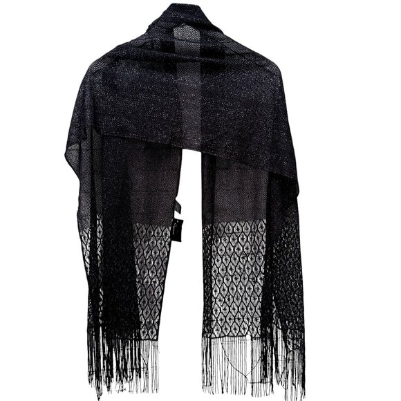 Cejon Scarf Black Silver Shawl Fringe Sheer Sparkle Evening Wrap NWT - Picture 10 of 10